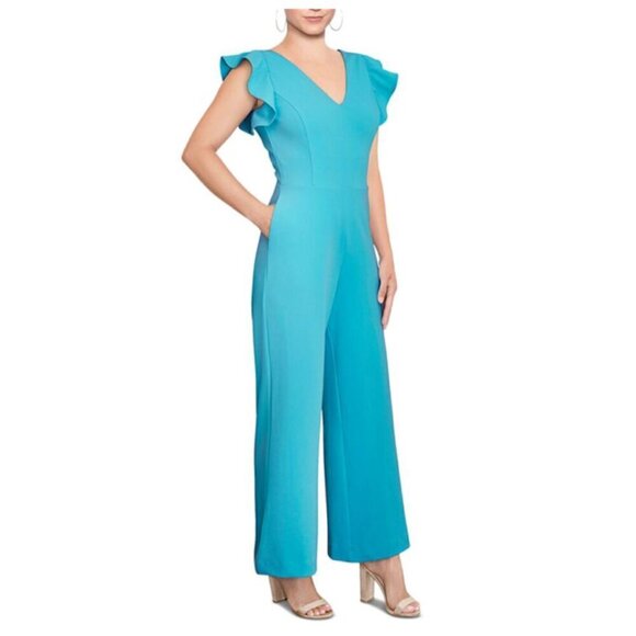 Rachel Roy Womens Ruffled Sleeve Full Length Jumpsuit Small in Aqua Blue - Picture 1 of 11